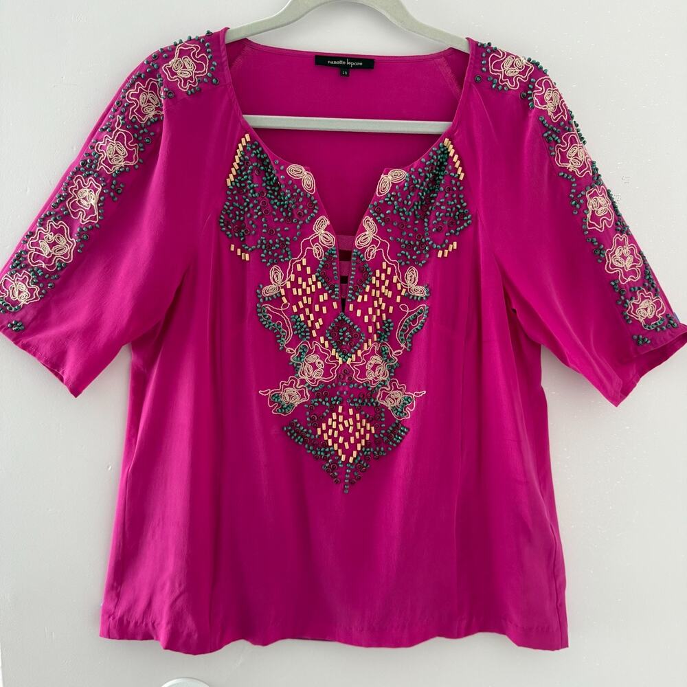 Nanette Lepore Silk Beaded Boho Tunic Blouse 10 Pink Embroidered Luxe Top
